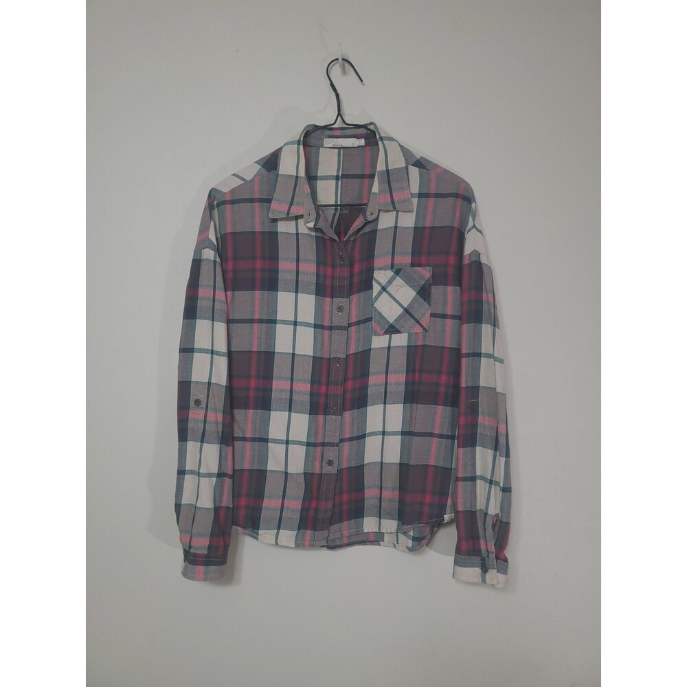 prAna Plaid Shirt Women's Size Small Long Sleeve Button Front Pink Grey Top